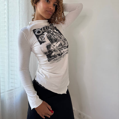 Sisley Vintage White Black Magazine Graphic Slinky Asymmetric Long Sleeve Top