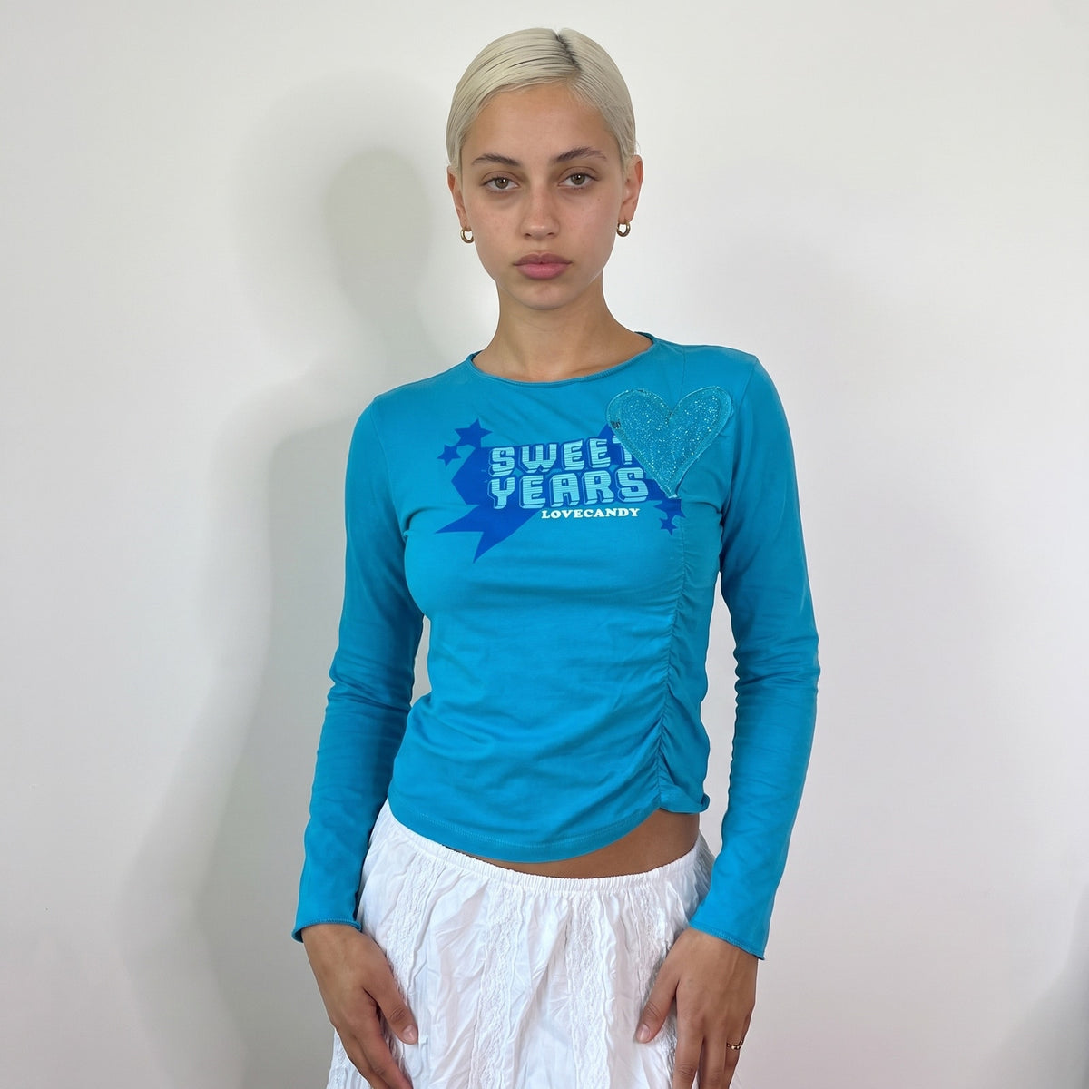 Vintage Turquoise Graphic Long Sleeve Top Glitter Heart Y2K (S)