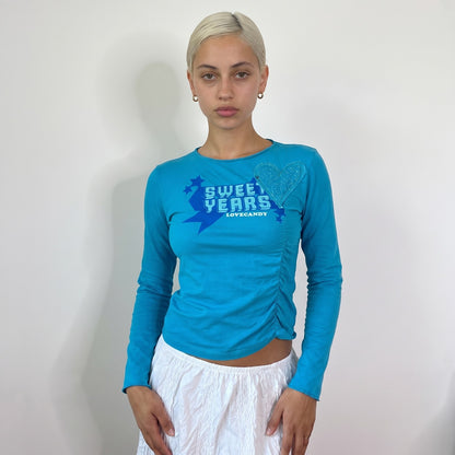 Vintage Turquoise Graphic Long Sleeve Top Glitter Heart Y2K (S)