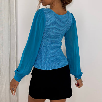 Euro Vintage Bright Turquoise Blue Sheer Mesh Sleeve Textured Knit Fitted Long Sleeve Top
