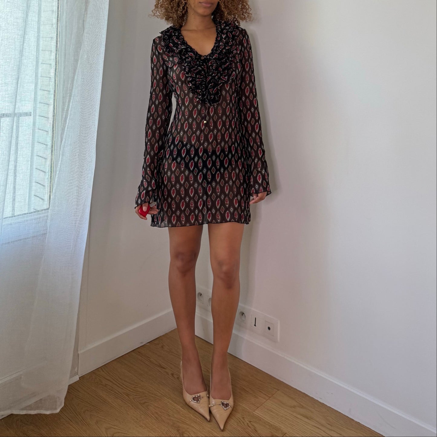 Vintage Black Burgundy Mesh Mini Dress Ruffle Front Italian Y2K (S)
