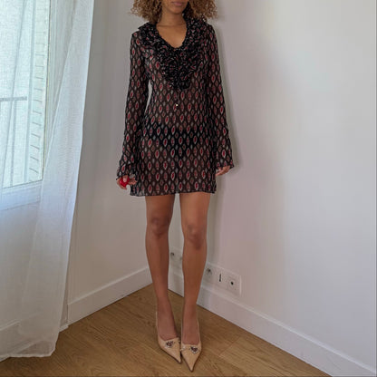 Vintage Black Burgundy Mesh Mini Dress Ruffle Front Italian Y2K (S)