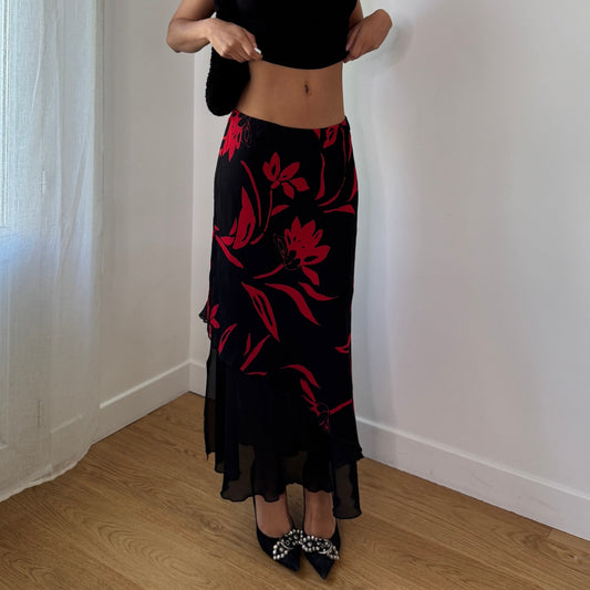 Vintage Y2K Black Red Floral Mesh Midi Skirt with Sheer Ruffle Hem Made in Italy (S) ⠀