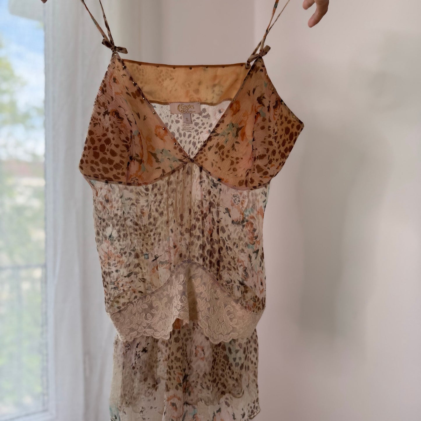 Vintage Silk Mesh Floral & Cheetah Lace Cami Top Sheer Babydoll Italian Y2K (S)