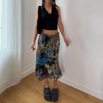 Vintage Blue Rose Floral Mesh Midi Skirt Sheer Layered Y2K Skirt (S) ⠀