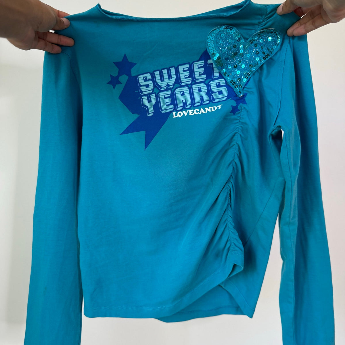 Vintage Turquoise Graphic Long Sleeve Top Glitter Heart Y2K (S)