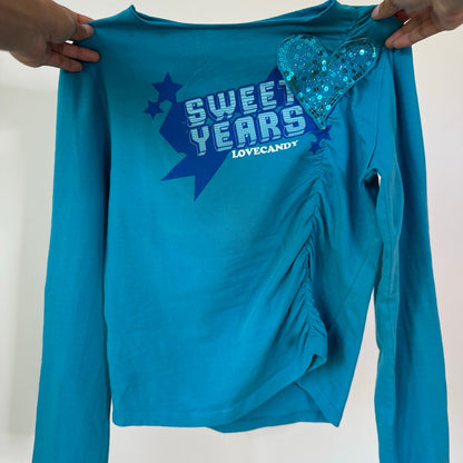 Vintage Turquoise Graphic Long Sleeve Top Glitter Heart Y2K (S)