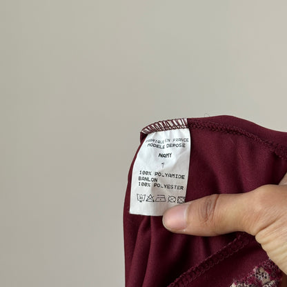 Vintage Burgundy Floral Cheetah Lace Top Ruffle Trim Long Sleeve Y2K French (S)