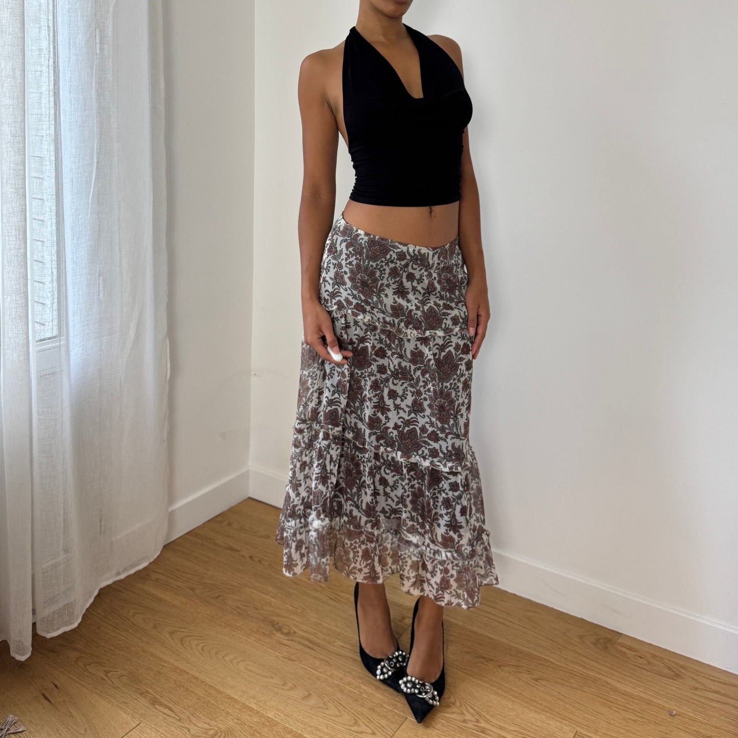 Vintage Italian Floral Sheer-Overlay Ruffle Midi Skirt (Small)