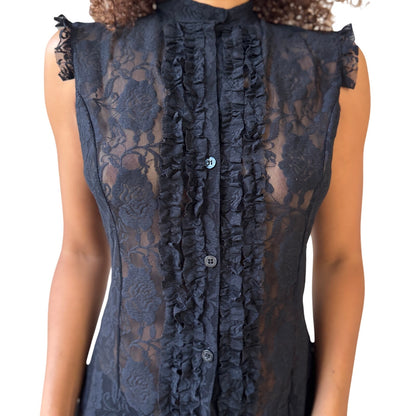 Vintage Italian sheer black lace ruffle button-up top (S/M)