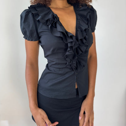Vintage Italian Ruffle Front Button-Up Blouse (XS/S)