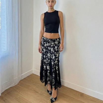 Italian Vintage Black Floral Mesh Midi Skirt Sheer Ruffle Hem (S)