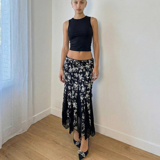 Italian Vintage Black Floral Mesh Midi Skirt Sheer Ruffle Hem (S)