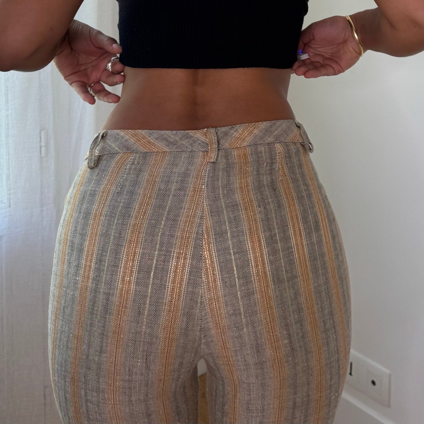 Vintage Italian Linen Metallic Stripe Trousers Y2K Cropped Pants (S)