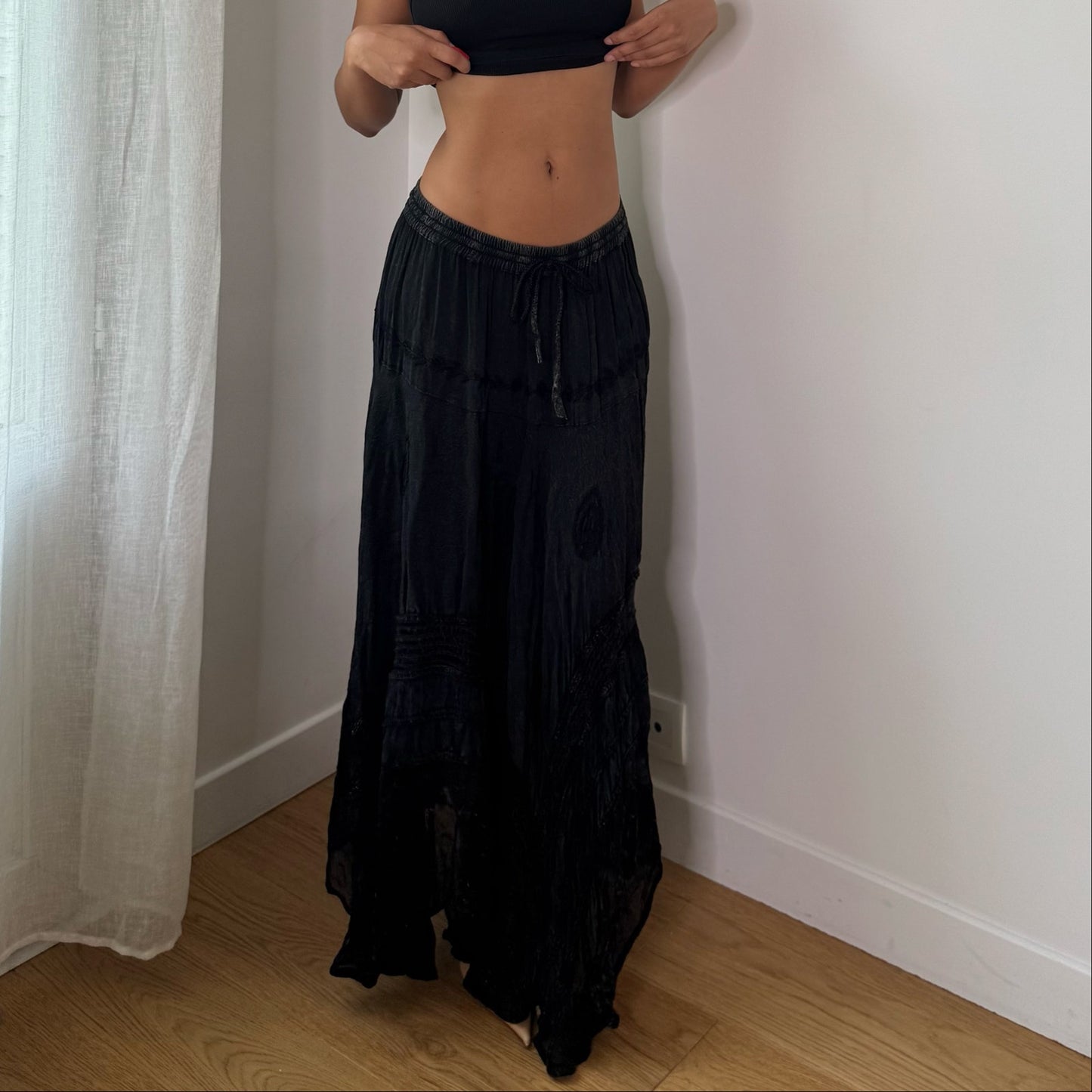 Vintage Black Sheer Lace Patchwork Maxi Skirt Euro Y2K (S/M)
