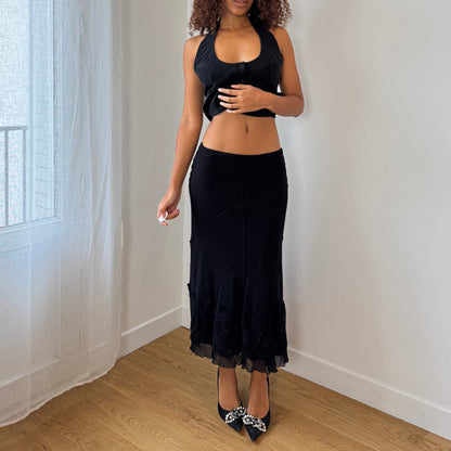 Italian Vintage black wool-appliqué flounce midi skirt (S)