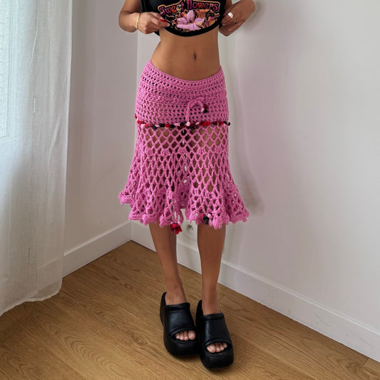 Vintage Pink Crochet Knit Midi Skirt Fishnet Ruffle Hem Y2K (S)