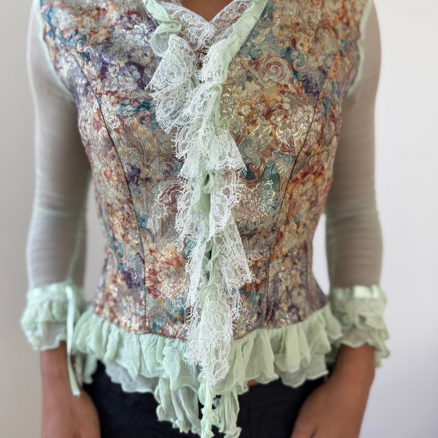 Vintage French designer mint mesh & brocade ruffle blouse (S/M)