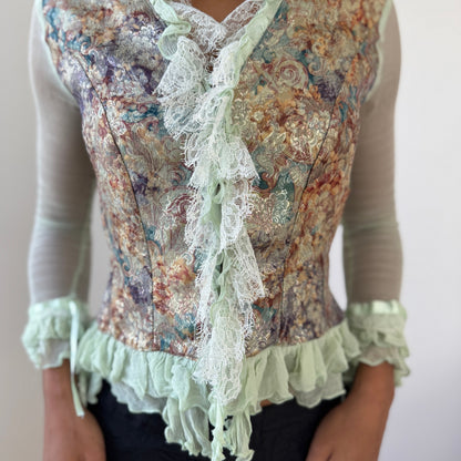 Vintage French designer mint mesh & brocade ruffle blouse (S/M)