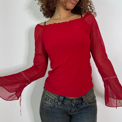 Vintage Red Burgundy Sheer Mesh Bell Sleeve Top Italian Y2K (S/M)