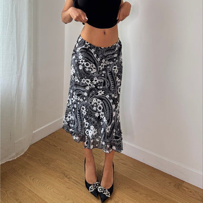 Vintage Black White Paisley Mesh Midi Skirt Y2K Ruffle Hem Skirt (S) ⠀