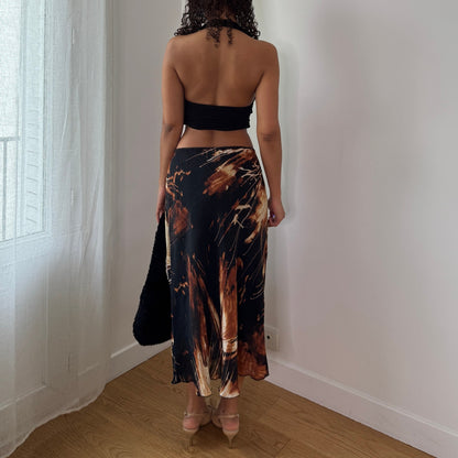 Vintage Y2K Brown Abstract Mesh Midi Skirt with Ruffle Hem Made in Italy (S) ⠀