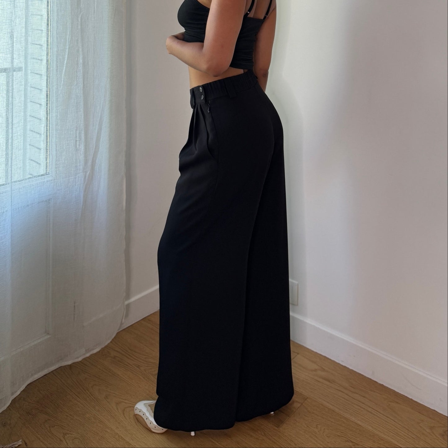 Vintage Black High Waist Wide Leg Tailored Trousers Y2K (XS/S)