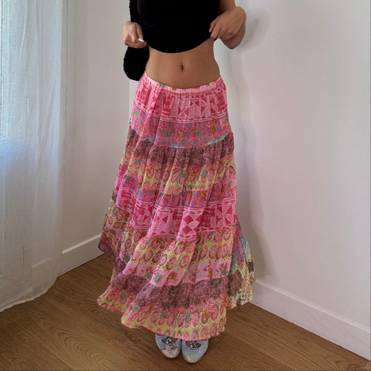 Vintage Euro Pink Patchwork Print Maxi Skirt (XS) ⠀