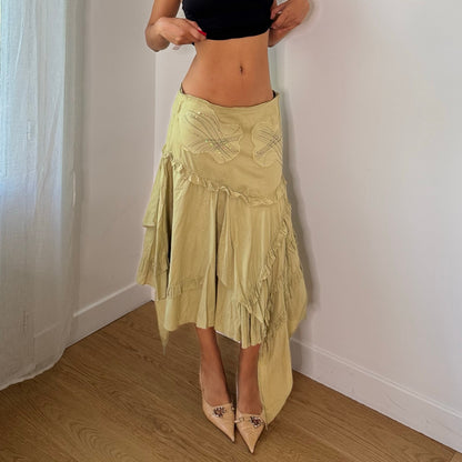 Vintage Sage Green Sequins Floral Asymmetrical Midi Skirt Y2K (S/M)