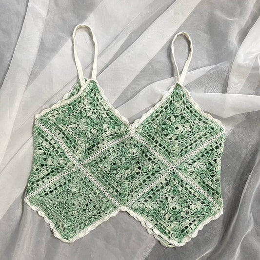 Handmade crochet cami top with vintage fabrics. Pastel green and white (XS-S)