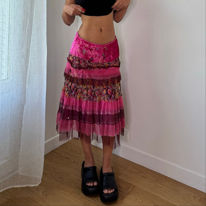 Vintage Extyn Pink Patchwork Mesh Midi Skirt Embroidered Ruffle Italian Y2K (S)