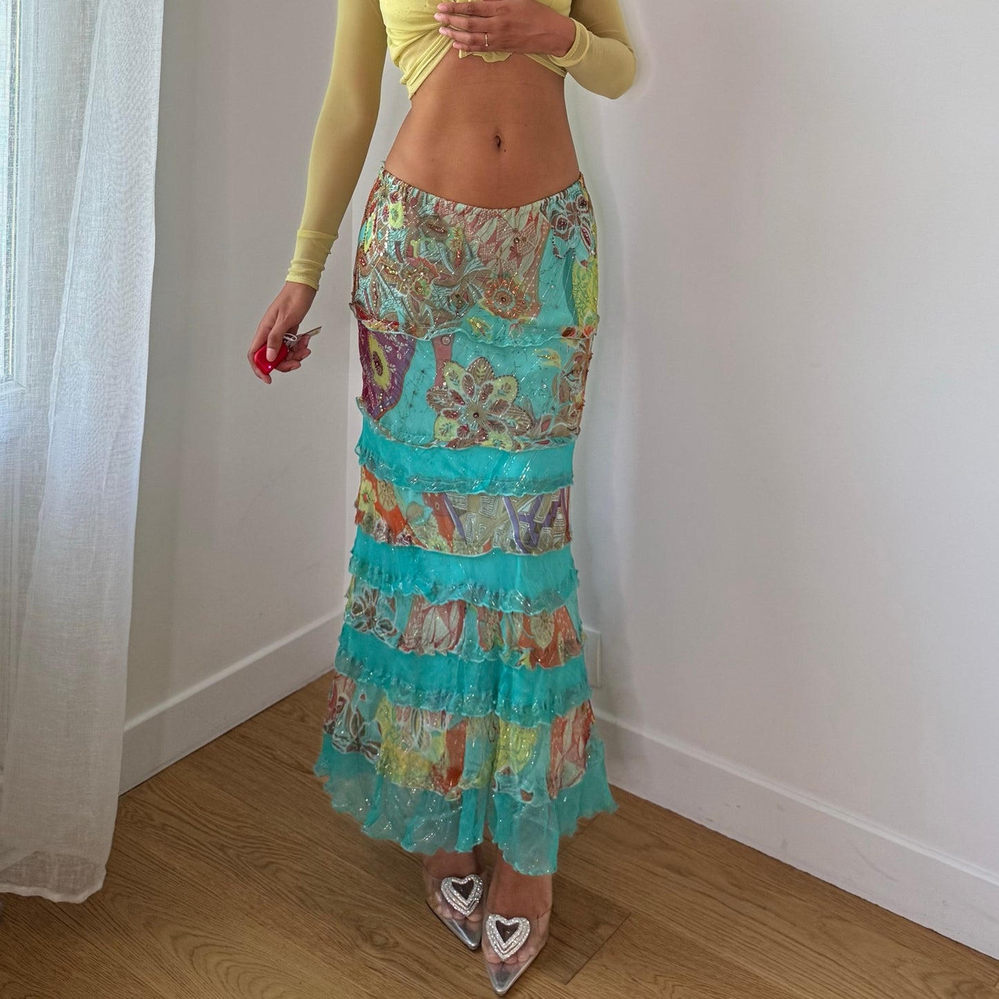Vintage Turquoise Floral Mesh Tiered Maxi Skirt Dehry Y2K (S/M)