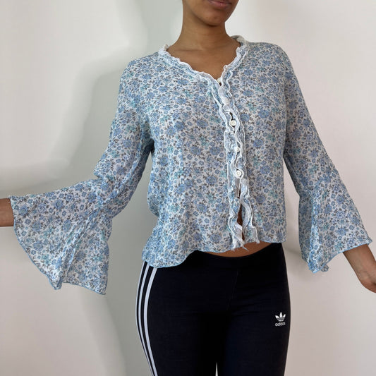 Vintage Blue Ditsy Floral Mesh Cardigan Bell Sleeve Fairy Grunge Y2K Top (S/M) ⠀