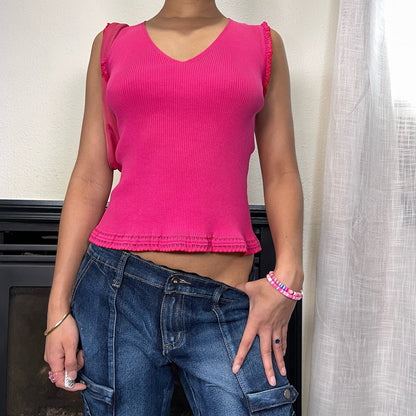 Vintage 00s Missoni Hot Pink Knit V neck tank with ruffle details (S)