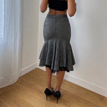 Vintage Italian grey tweed wool blend midi skirt with asymmetric flared hem and black lace underlayer (XS)