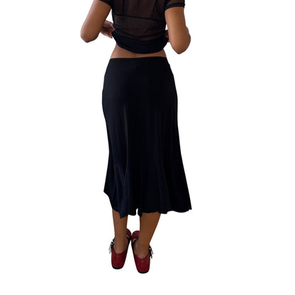 Vintage Euro black asymmetric ruffle-hem stretch midi skirt (Small)