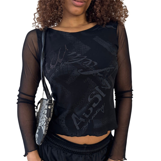 Italian vintage black sheer mesh graphic top (S)