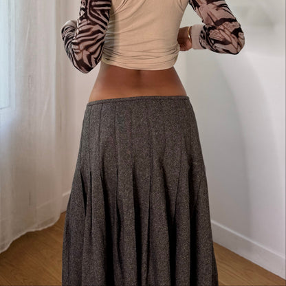 Italian vintage grey wool blend midi skirt with side button closure and flared A-line silhouette