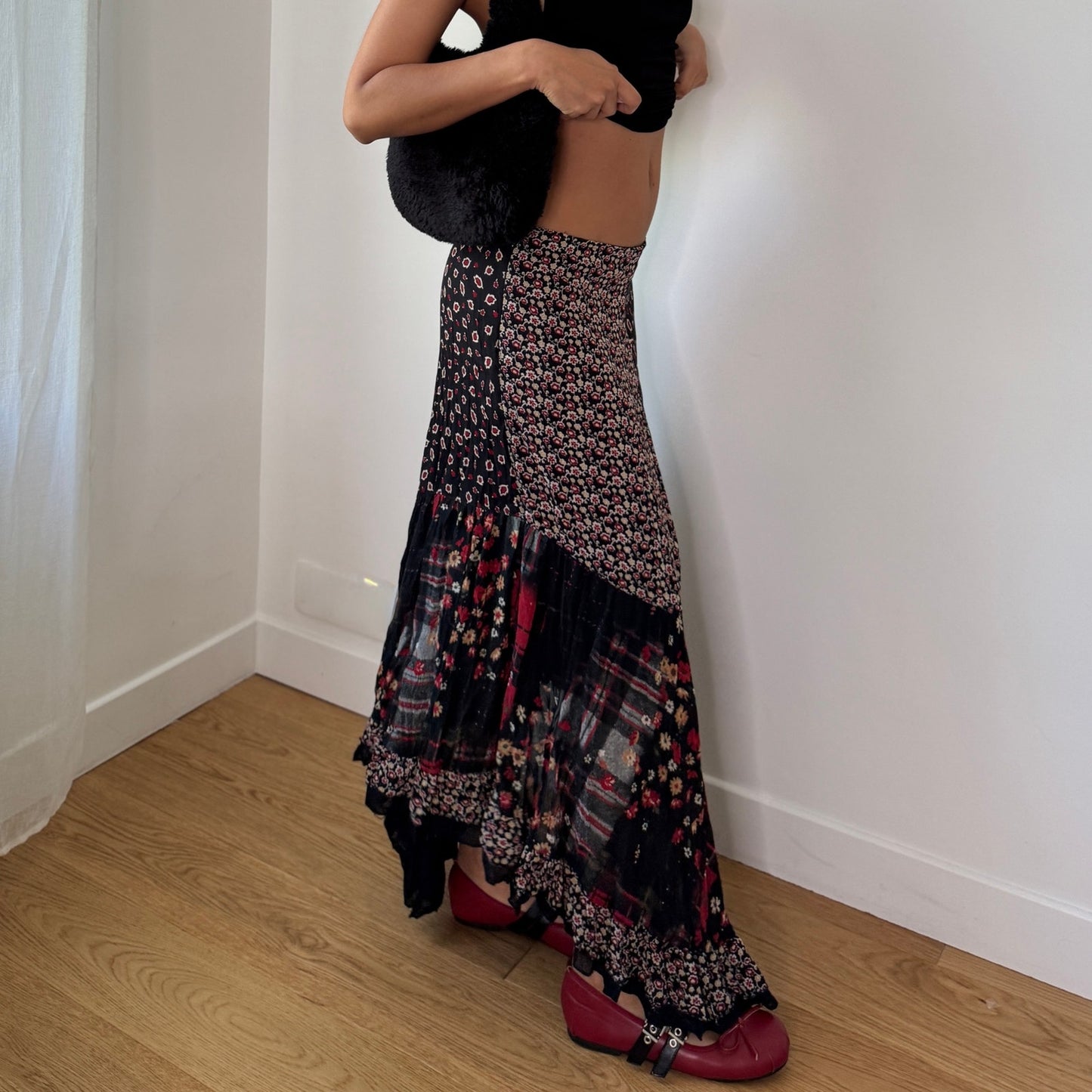 Vintage Y2K Black Red Patchwork Mesh Maxi Skirt with Mixed Floral Plaid Print (S) ⠀