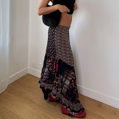 Vintage Y2K Black Red Patchwork Mesh Maxi Skirt with Mixed Floral Plaid Print (S) ⠀
