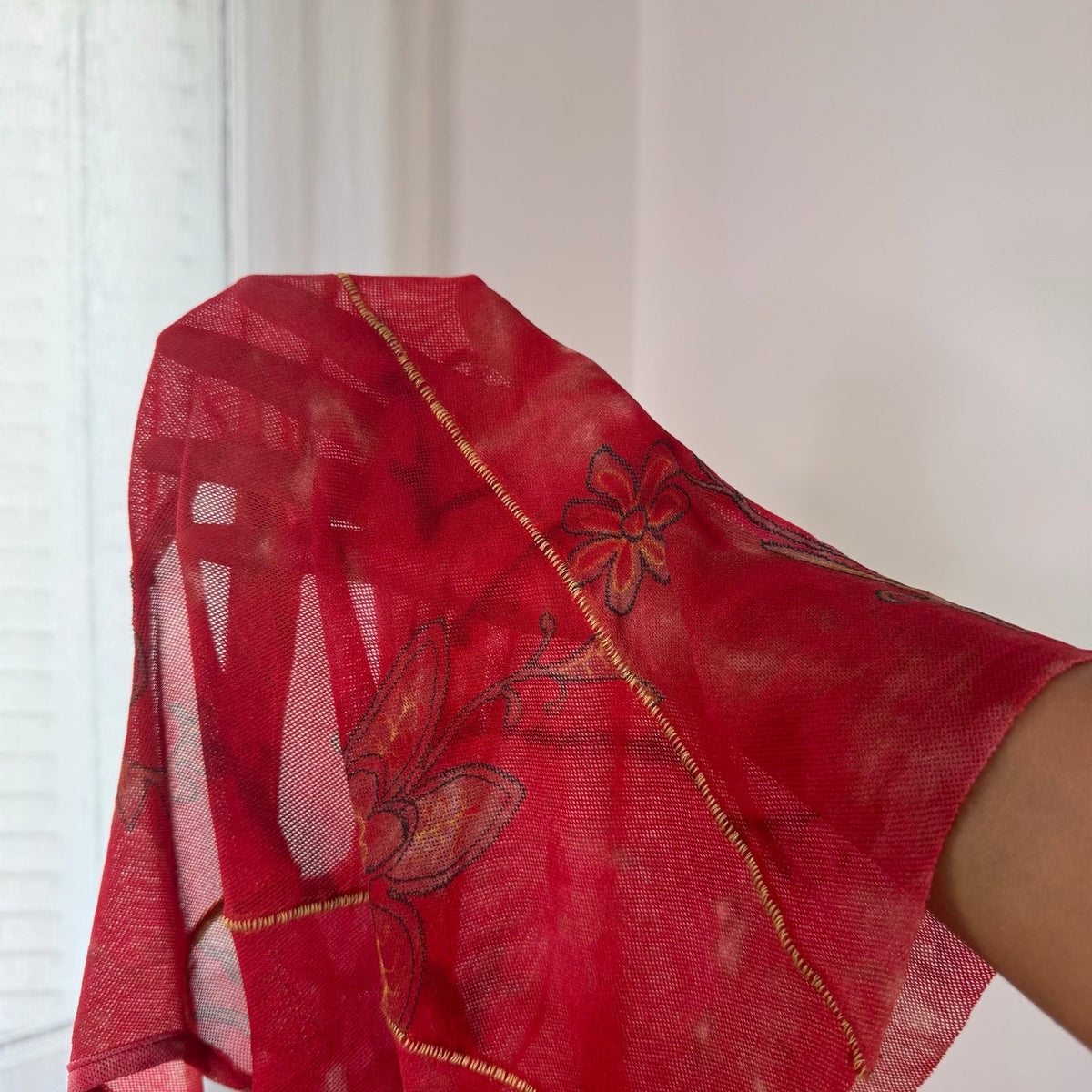 Italian vintage red floral print semi-sheer mesh tank top with rhinestone details