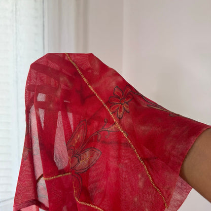 Italian vintage red floral print semi-sheer mesh tank top with rhinestone details
