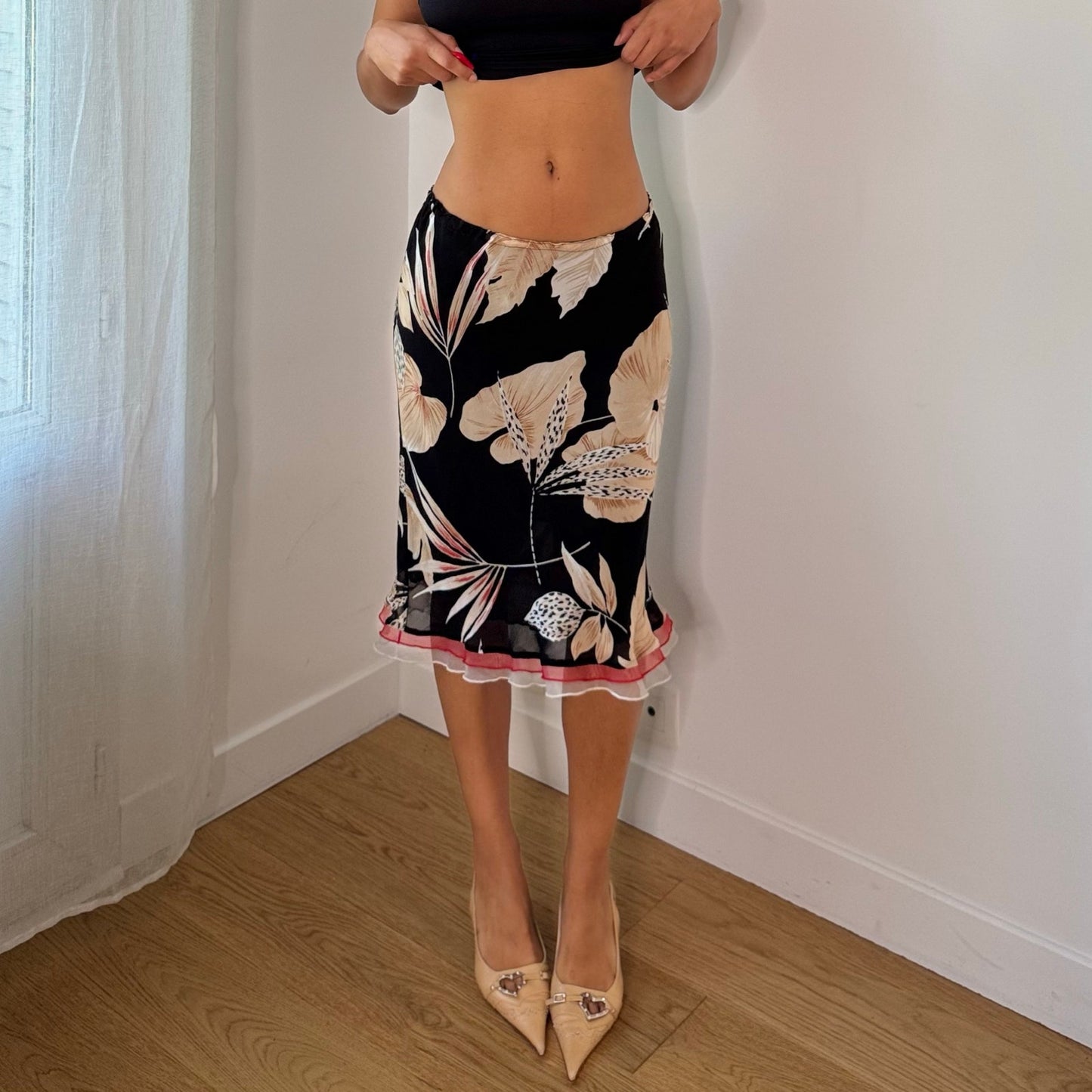 Vintage Black Beige Pink Tropical Floral Mesh Midi Skirt Italian Y2K (S)