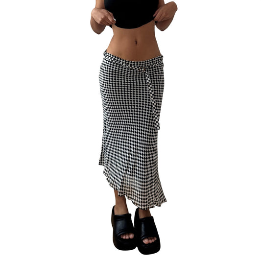 Vintage Black White Check Mesh Midi Skirt Belted Sheer Layered Italy Y2K (S)