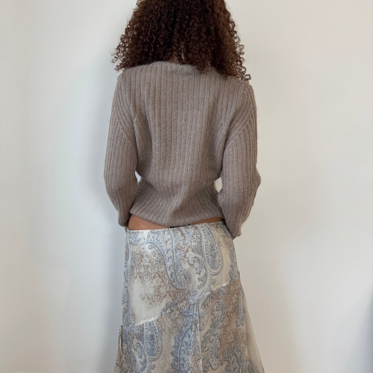 Italian Vintage taupe ribbed mohair-blend knit button-front cardigan (Medium)