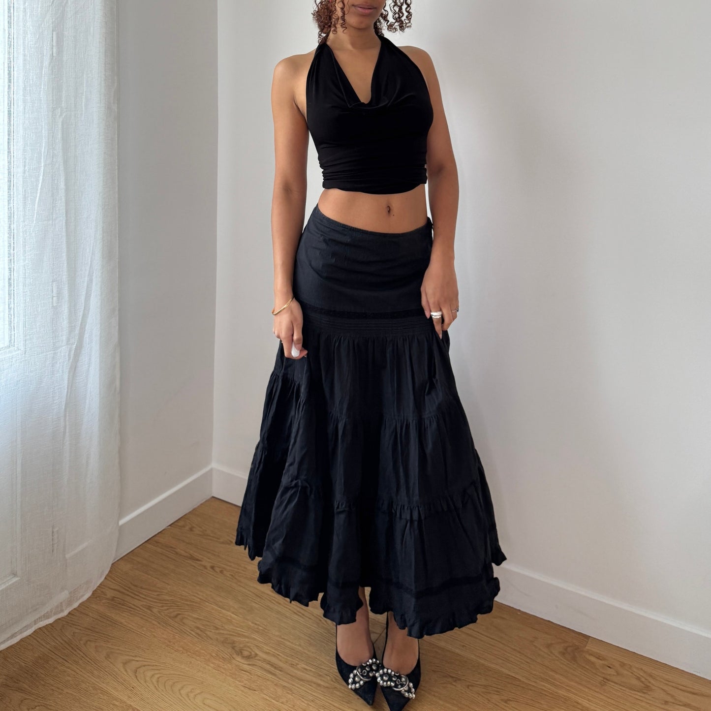 Vintage Black Tiered Midi Skirt Y2K French Cotton Blend (S)