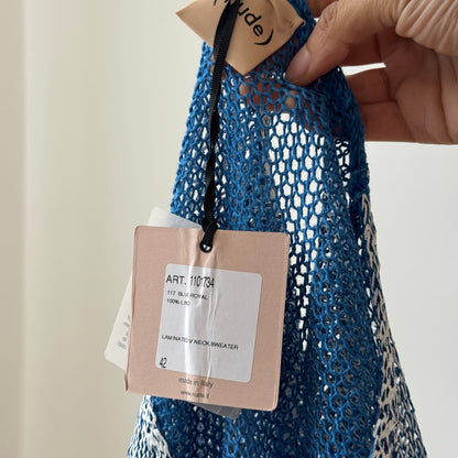 Vintage Italian 00s Blue Linen Knit Long Sleeve Top (Medium)