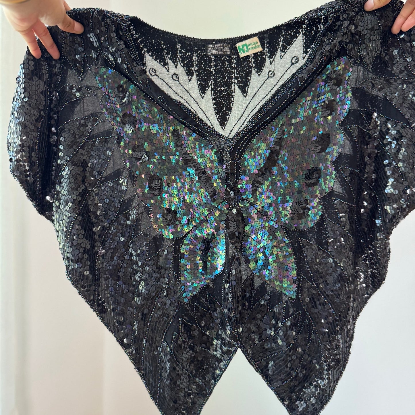 Vintage Black Silk Sequin Butterfly Top Beaded Sheer Evening Y2K (OS)