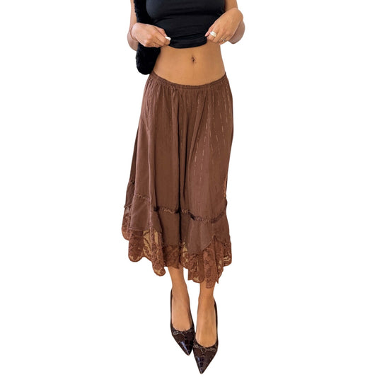 Vintage Euro Brown Lace Midi Skirt Crochet Hem Romantic (S)