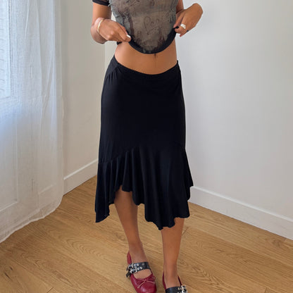 Vintage Euro black asymmetric ruffle-hem stretch midi skirt (Small)